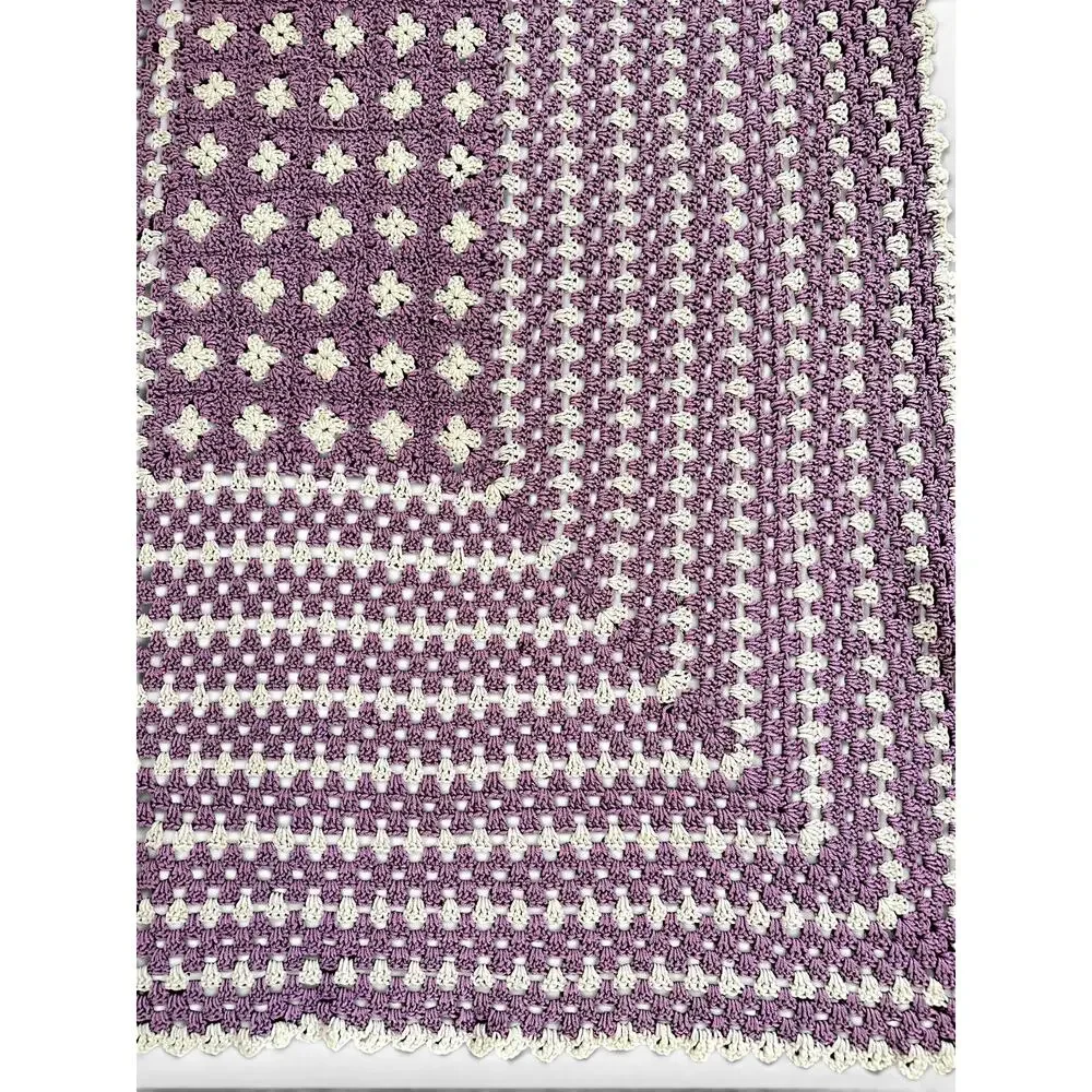 Handmade Crochet Afghan 69x57 Purple Cream Granny Square Cottagecore Blanket